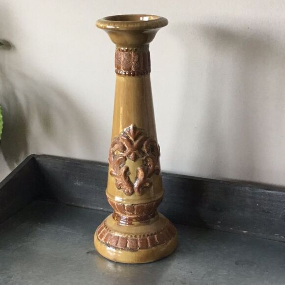 15” Classic Fleur de Lis ceramic candle stand holder riser warm-colors - Picture 1 of 6